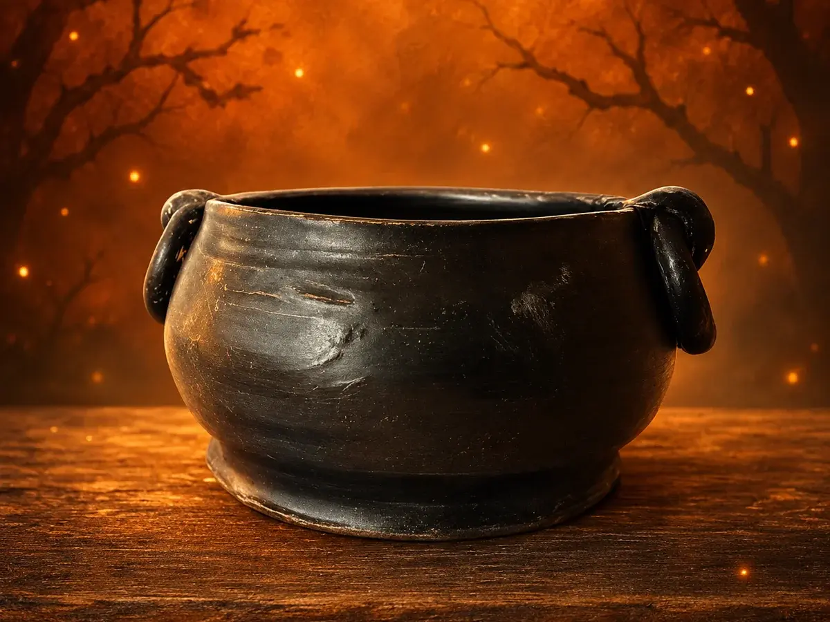 A black clay cauldron with small handles