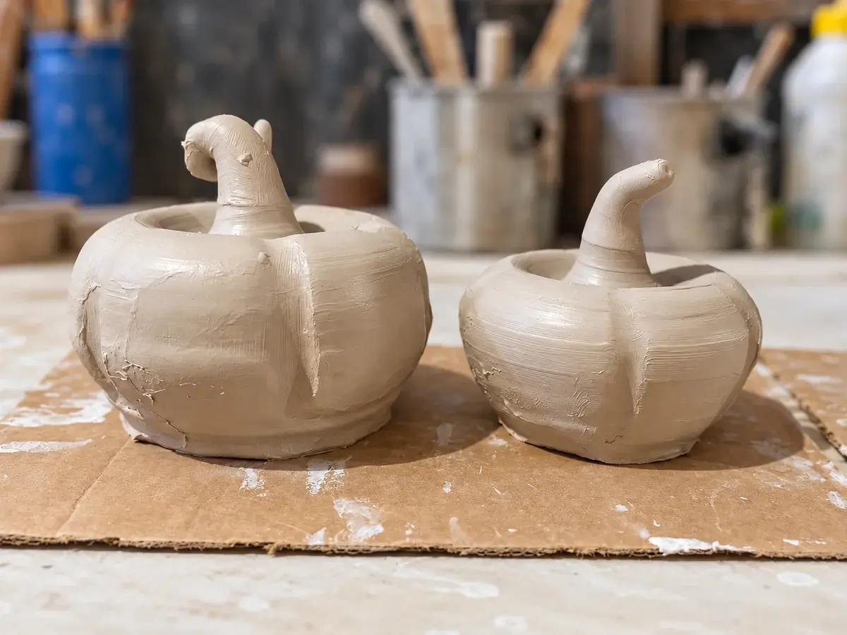Two unglazed wheel-thrown clay pumpkins
