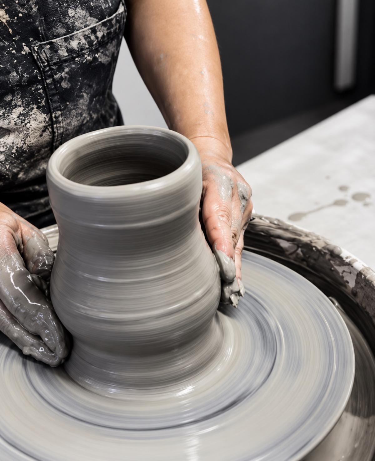 Hands shaping a gray clay cup on a spinning pottery wheel