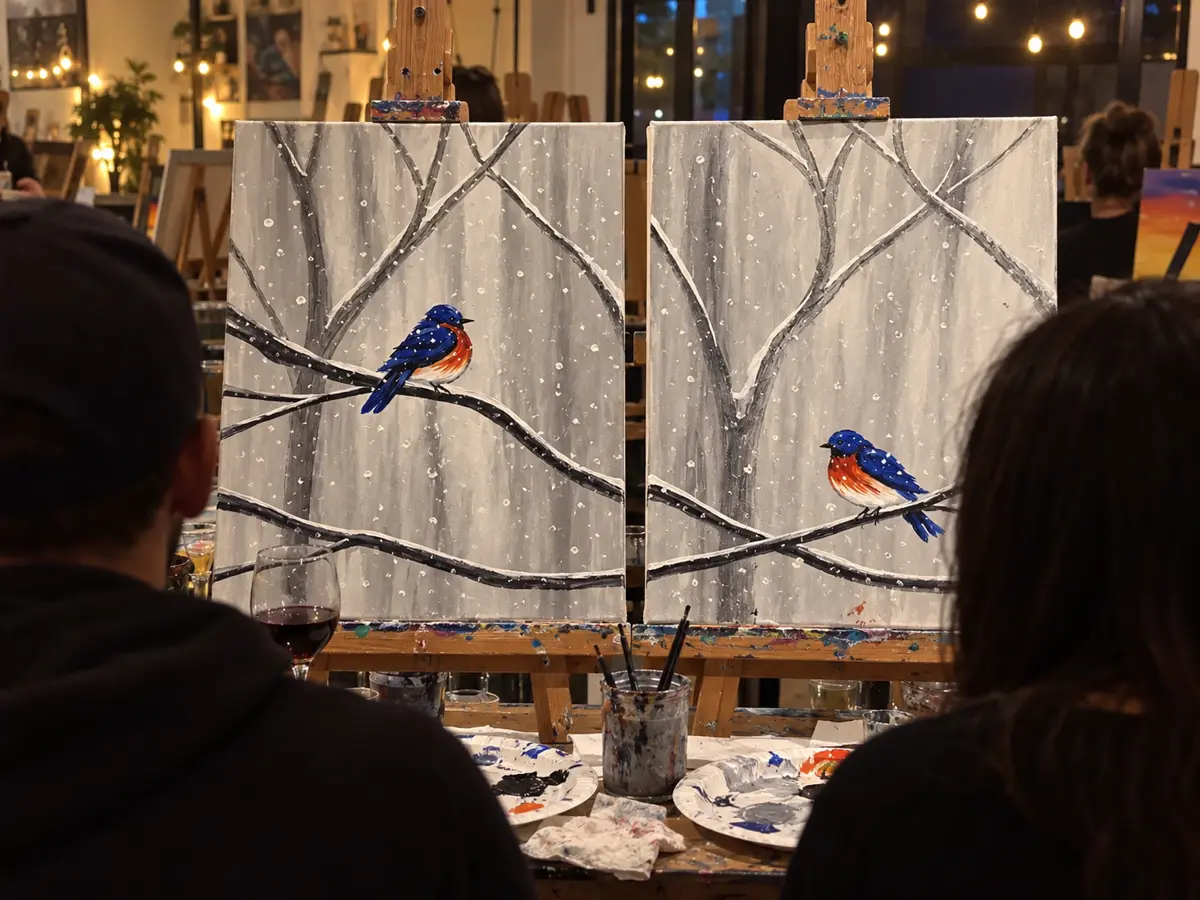 Two guests painting winter birds on snowy branches at studio easels