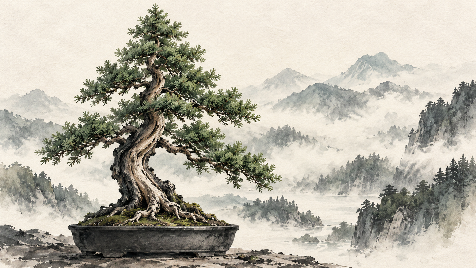Ink-and-watercolor illustration of a cedar bonsai in a charcoal pot, with misty mountains behind it