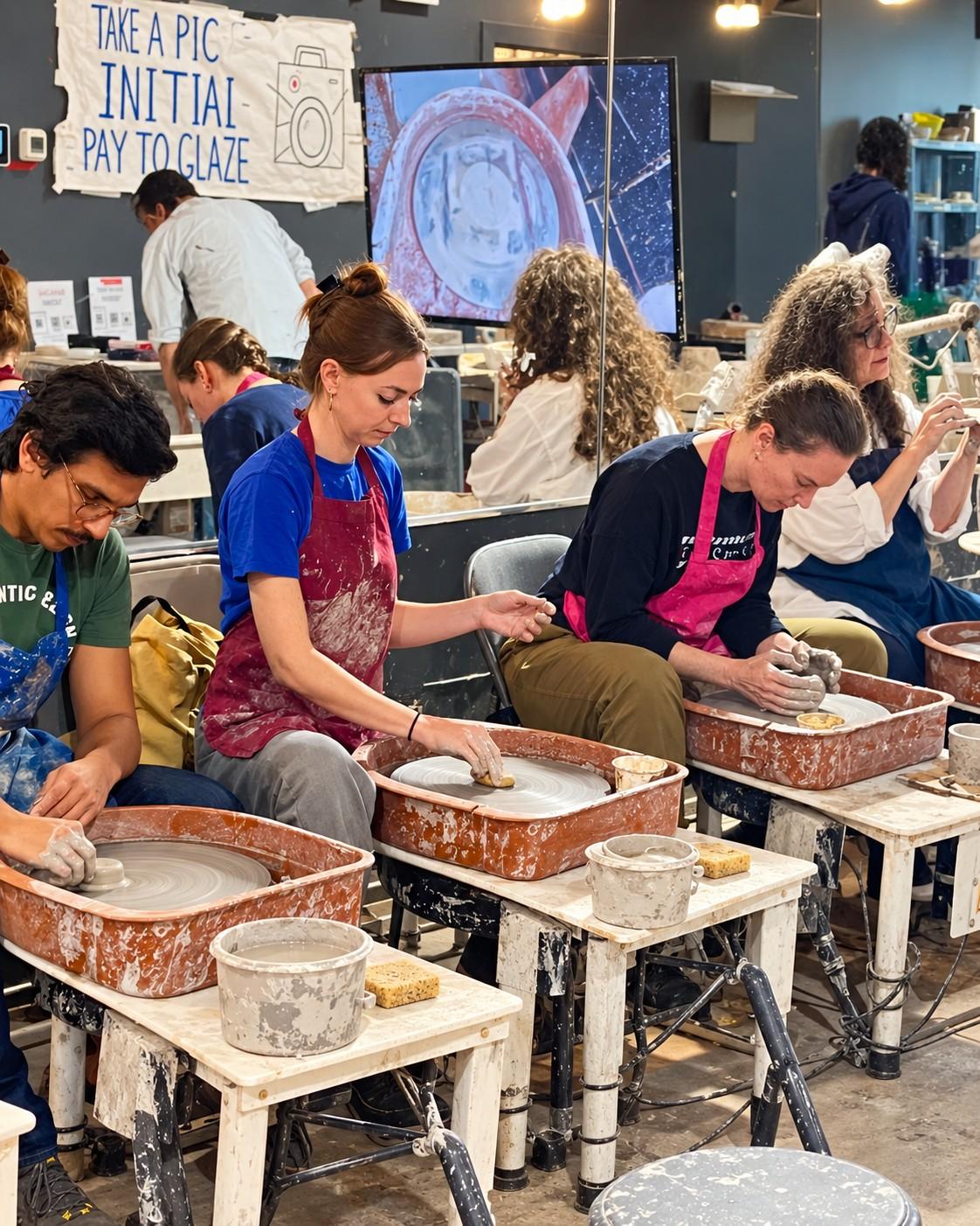 Students shaping clay on pottery wheels during a beginner wheel throwing workshop