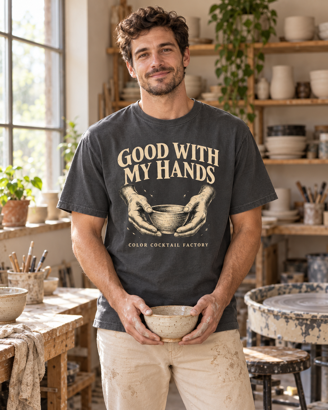 Pepper charcoal Good With My Hands pottery T-shirt with cream hands-and-bowl artwork, hanging in a sunlit pottery studio.